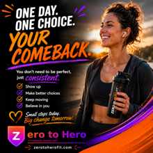 ZeroToHero app graphic: ONE DAY. ONE CHOICE. YOUR COMEBACK — you don't need to be perfect, just consistent