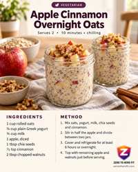 ZeroToHero recipe card for apple cinnamon overnight oats: two jars of oats topped with diced apple and walnuts, with ingredients and method