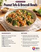 ZeroToHero recipe card for peanut tofu broccoli bowls, a meatless high-protein dinner
