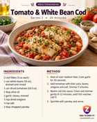 ZeroToHero recipe card for tomato white bean cod, a one-pan fish dinner